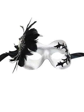 GENERIC Silver Masquerade Facepiece With Black Feather 1 GENERIC Silver Masquerade Facepiece With Black Feather